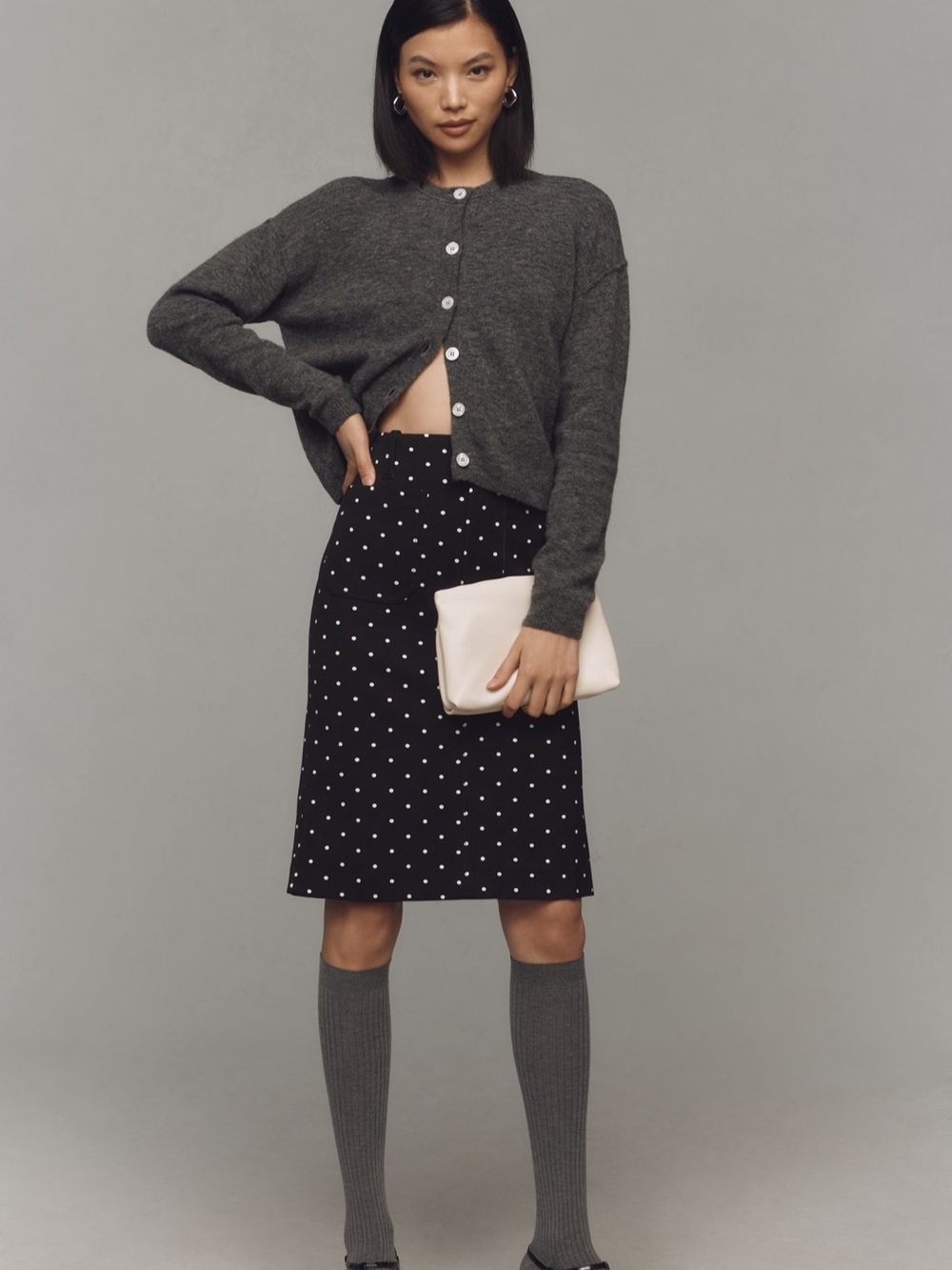 Maeve Black Midi Skirt with White Polka Dots